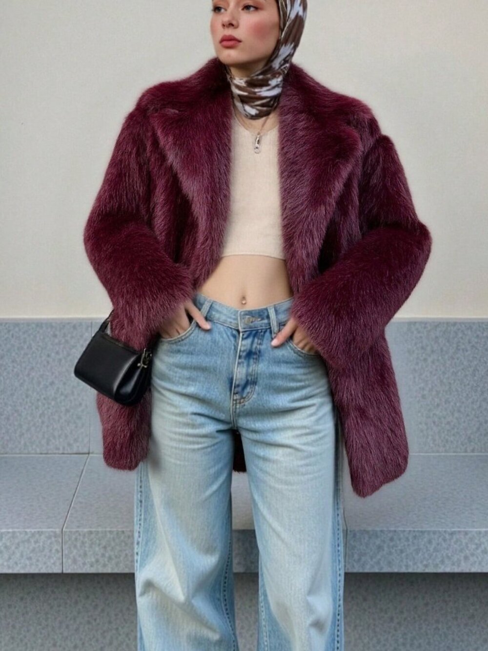 Burgundy Casual Women's Faux Fur teddy Warm Oversize Lapel Coat - Picture 10 of 10